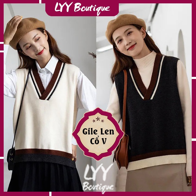 Áo gile len nữ cổ V trơn dệt kim viền kẻ chất đẹp phong cách Hàn Quốc LYY BOUTIQUE