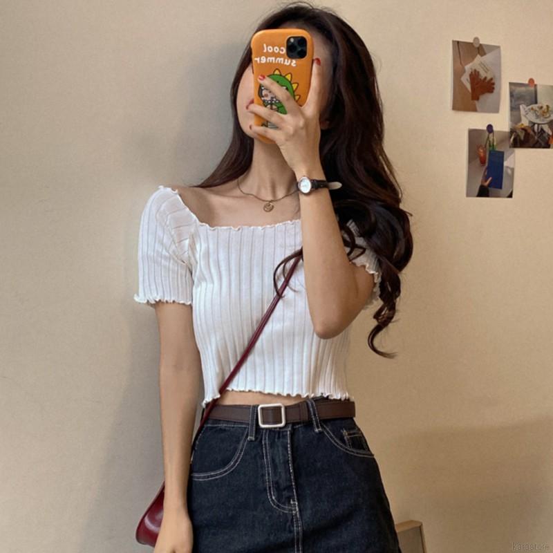 Áo Croptop Dệt Kim Tay Ngắn Thiết Kế Trễ Vai Gợi Cảm | BigBuy360 - bigbuy360.vn