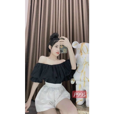 Áo croptop trễ vai tay phồng 2 lớp nhún lưng ôm dáng bánh bèo