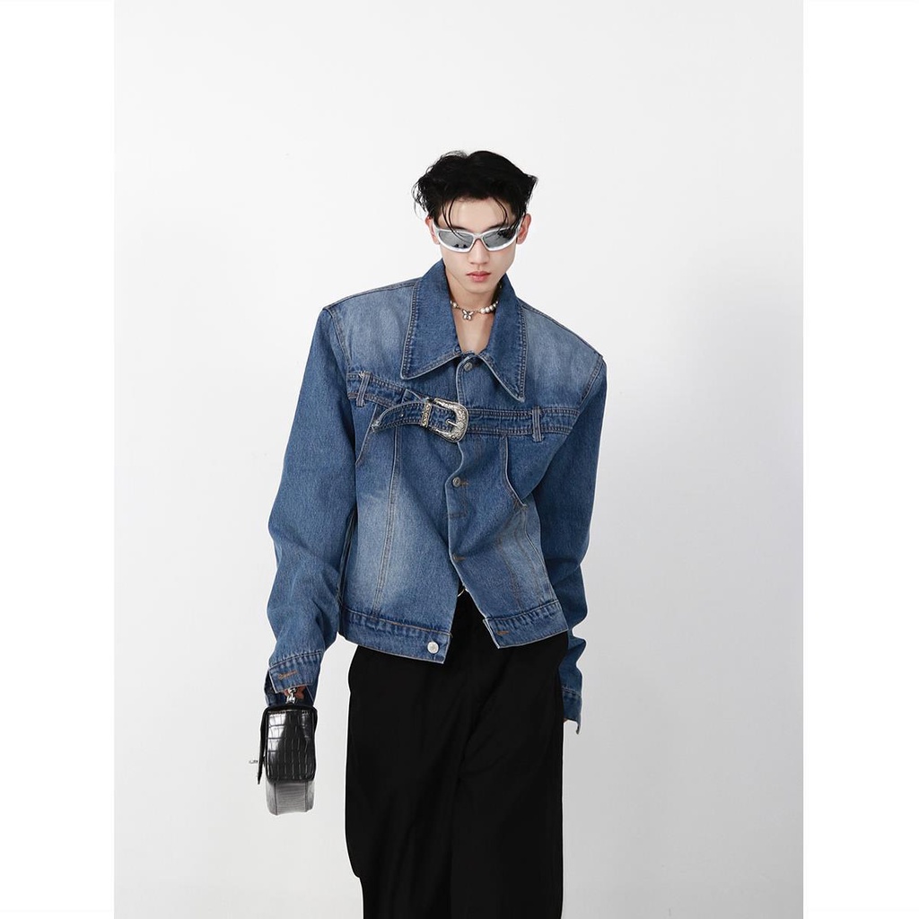 Áo Khoác Denim Dáng Dài Phối Khóa Kim Loại Kiểu Retro Cá Tính Cho Nam