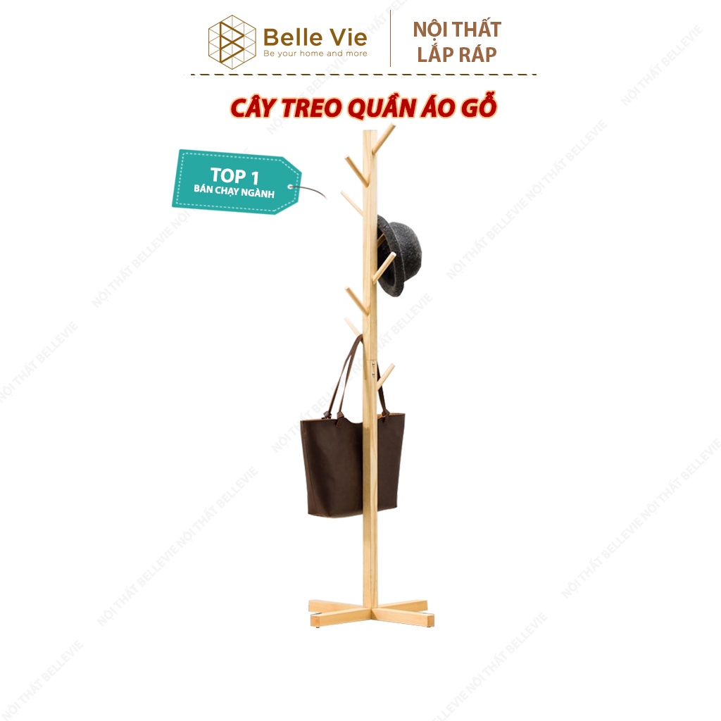 Cây Treo Quần Áo Đứng Gỗ Thông BELLEVIE Móc Quần Áo Gỗ Thiết Kế Lắp Ráp Hiện Đại