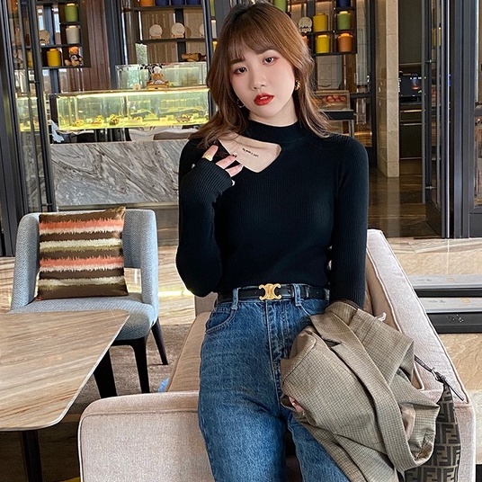 Áo len ZHELIHANGFEI dệt kim tay dài cổ cao thiết kế hở quyến rũ