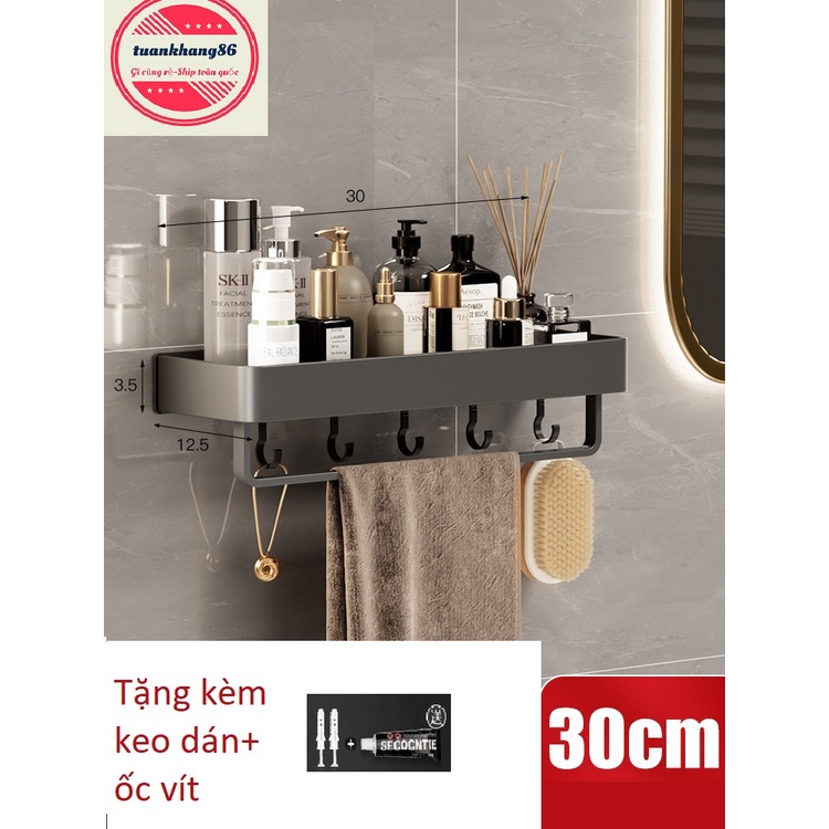Kệ nhà tắm, kệ nhà bếp kèm 2 móc treo, keo dán, đinh ốc - dán hoặc khoan tường