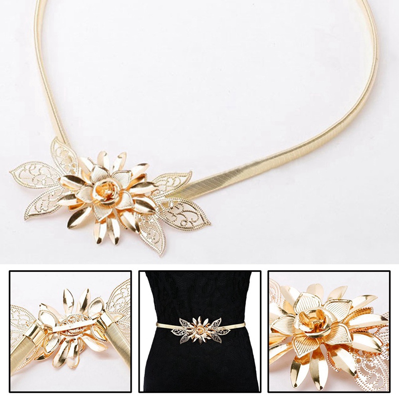 Women Lady Gold Metal Chain Belt Flower Embellishment