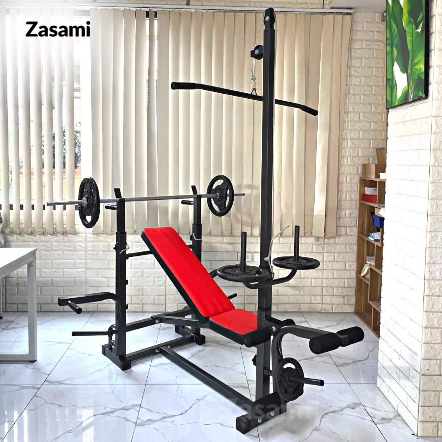 Giàn Tạ Đa Năng ZASAMI SGT-8210 Khung Thép Hộp 50 x 50mm kèm 50kg tạ gang, 1 đòn 1m5 và 1 đôi găng tay