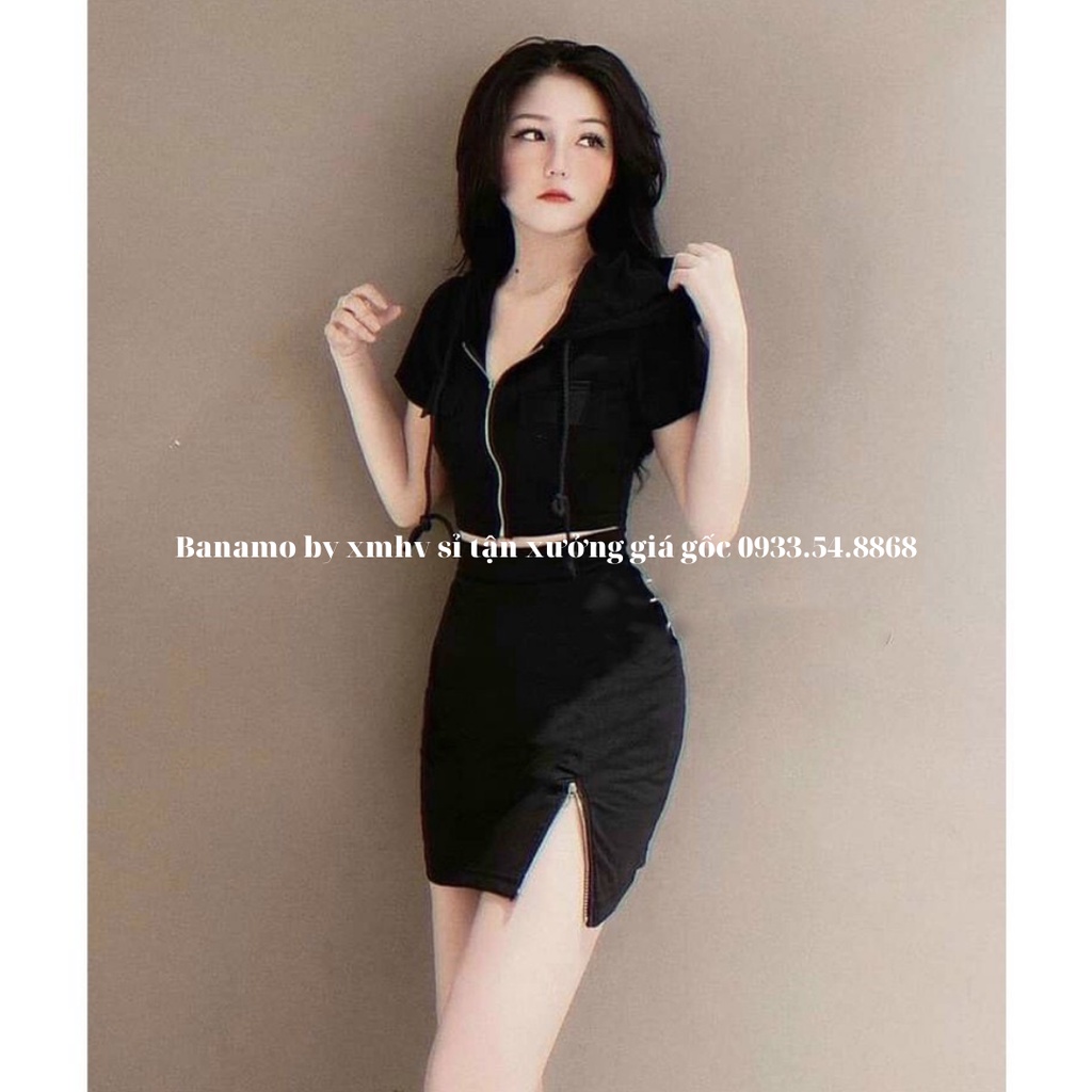 Set váy nữ xẻ đùi và áo thời trang Banamo fashion bộ váy nữ xẻ đùi 1910