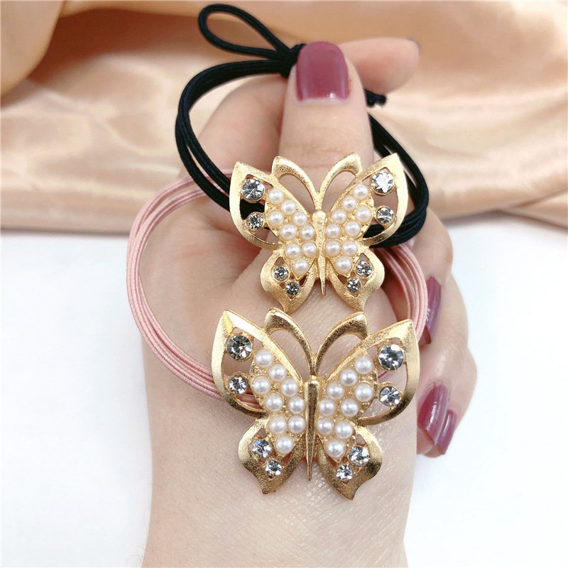 Korean-StyleinsMori Style Pearl Butterfly Elegant Metal Hair tie High Elasticity Ponytail Rubber Band Hair Rope Hair Accessories Head Rope