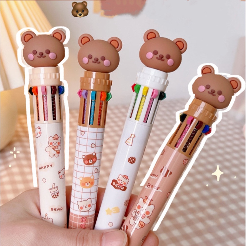 Bút bi mực Gel nhiều ngòi 10 màu xinh xắn, viết ghi chép cho học sinh hình Gấu mập cute giá rẻ