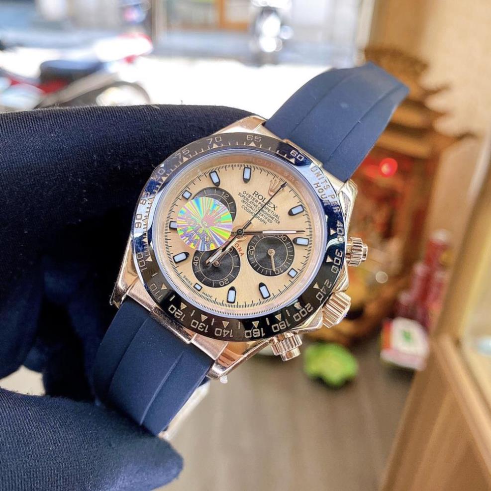 Đồng hồ Nam Rolex máy nhật-Đồng hồ cơ Automatic Rolex 3 nút mặt vàng hồng dây cao su size 40-42 mm