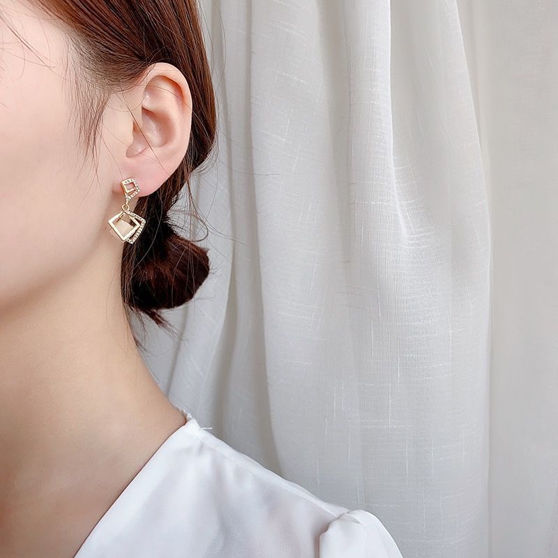 Bông Tai Đính Đá Opal Hình Học Đơn Giản Phong Cách Hàn Quốc