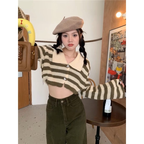 Áo len dệt kim croptop sọc có cổ Áo len cardigan thiết kế mùa thu