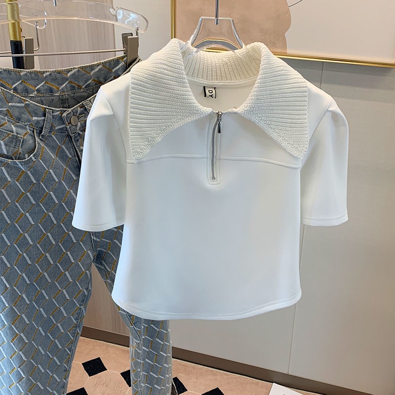 Semi-zipper knitted short-sleeved T-shirt Women's 2022 Spring Korean lapel solid color irregular small thin blouse