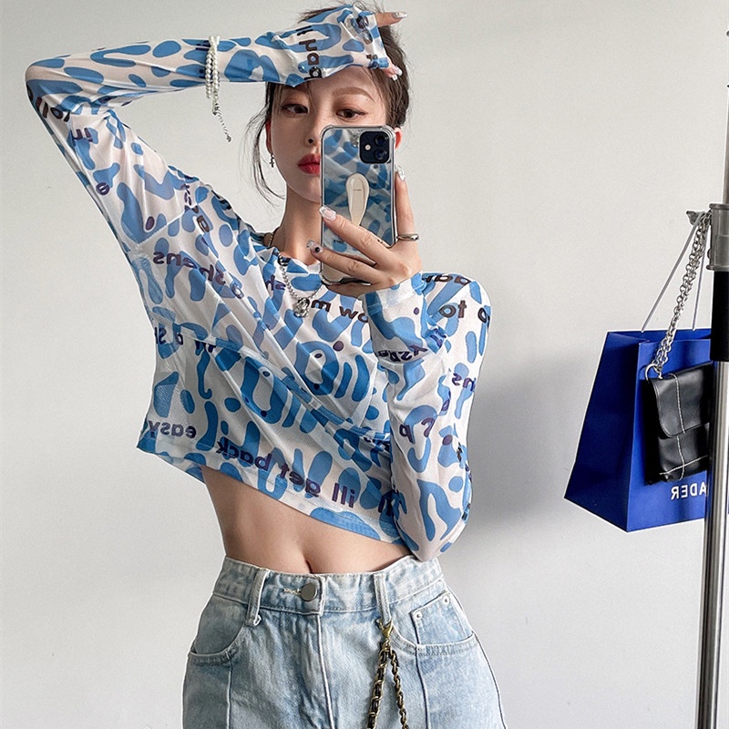 Áo Thun Tay Dài Phối Lưới Thời Trang Cho Nữ