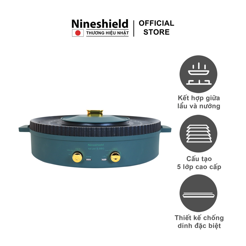 Bếp nướng điện Nineshield KB518 loại to 51cm - Bếp lẩu nướng đa năng 2 trong 1 tiện lợi - Chống dính - Hàng chính hãng