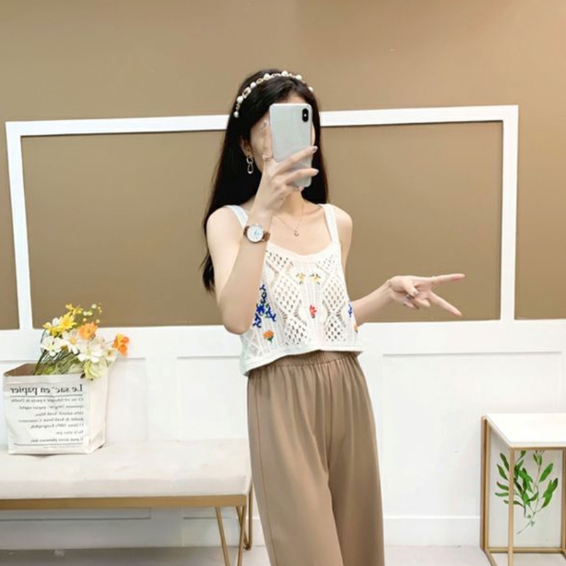 Áo Croptop Dệt Kim Sát Nách Dáng Rộng Thêu Hoa Khoét Rỗng Cho Nữ