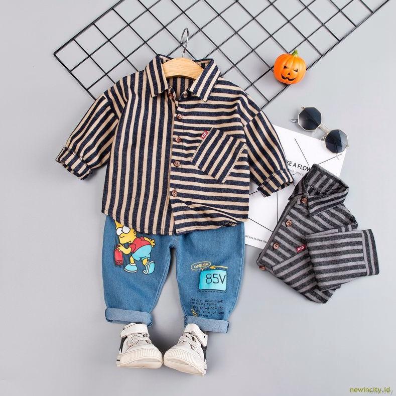 Bộ áo sơ mi kẻ sọc tay dài cổ gập + quần denim dài phong cách Âu Mỹ cho bé trai