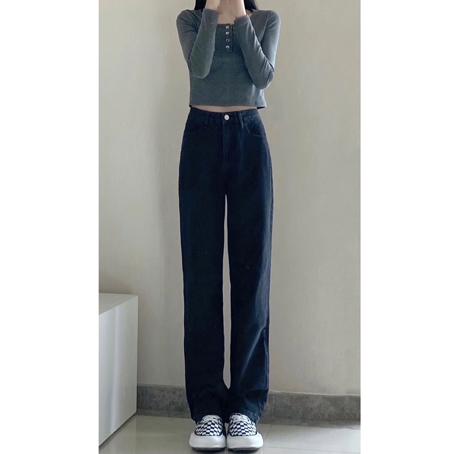 Quần jean nữ ống rộng QJD02 Đen caratopz, Quần jeans nữ màu đen basic ống suông rộng