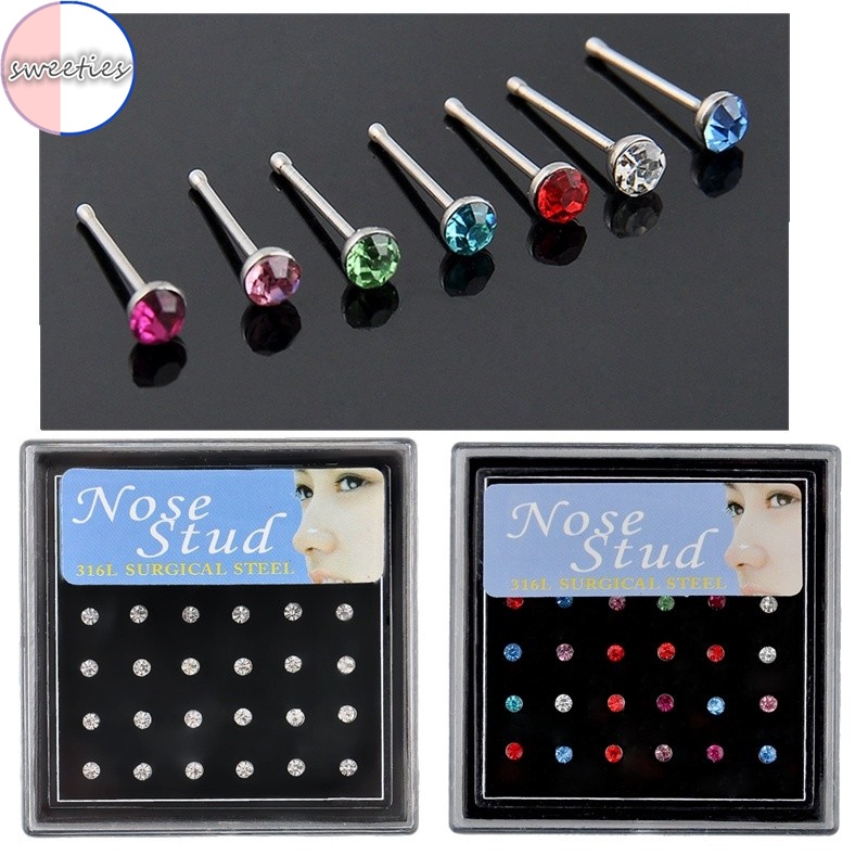 Set 24 khuyên mũi đính đá nhiều màu thời trang cho nữ