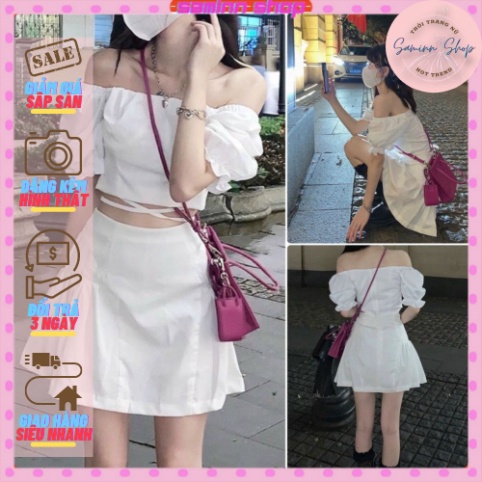 Set váy trắng SAMINN gồm áo trễ vai + chân váy kèm quần, có khóa sau, 2 size M L SS244
