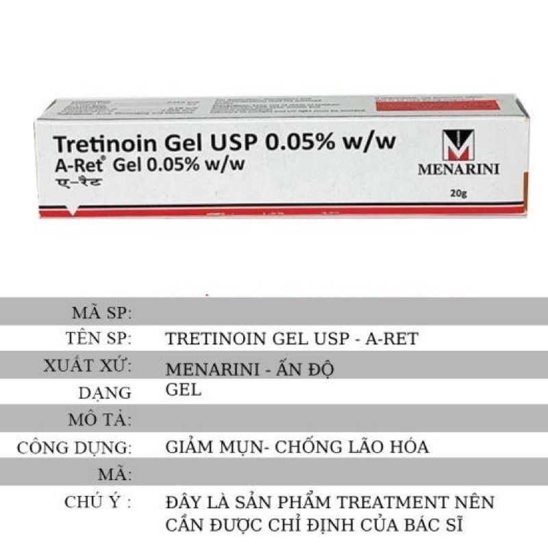 Tretinoin Aret gel 0.1% - 0.05% - 0.025% (20g) - tretinol giảm mụn, chống lão hóa (tre Ấn Độ chính hãng)