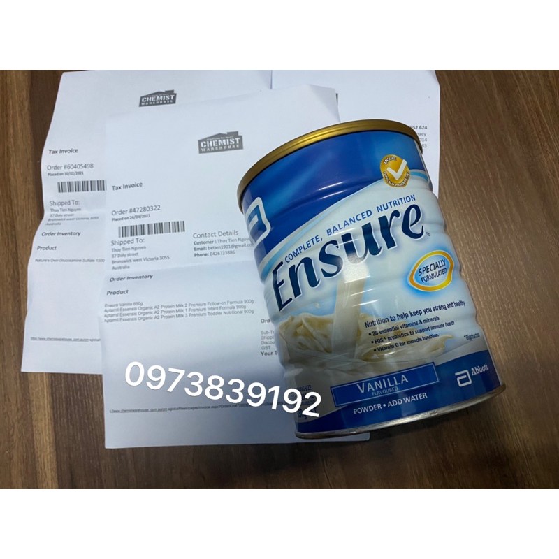 Sữa Ensure Úc 850g siêu dinh dưỡng date mới 2024/2025