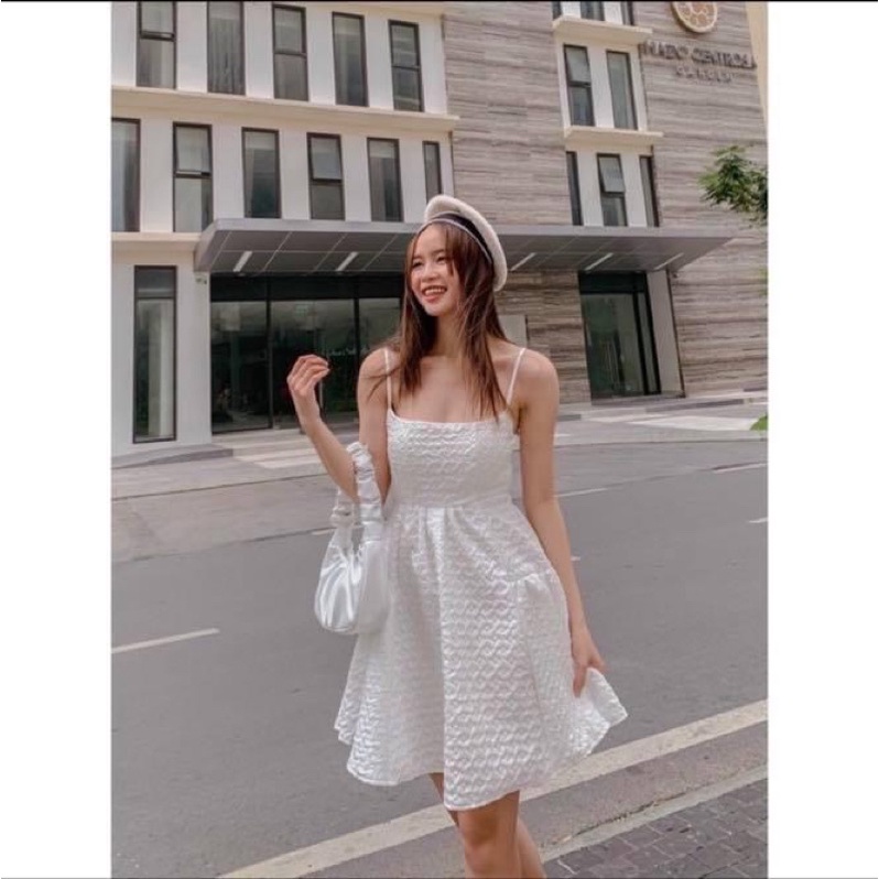 Đầm hai dây nữ peplum tầng đan dây hở lưng vải phồng xốp - Order taobao quảng châu