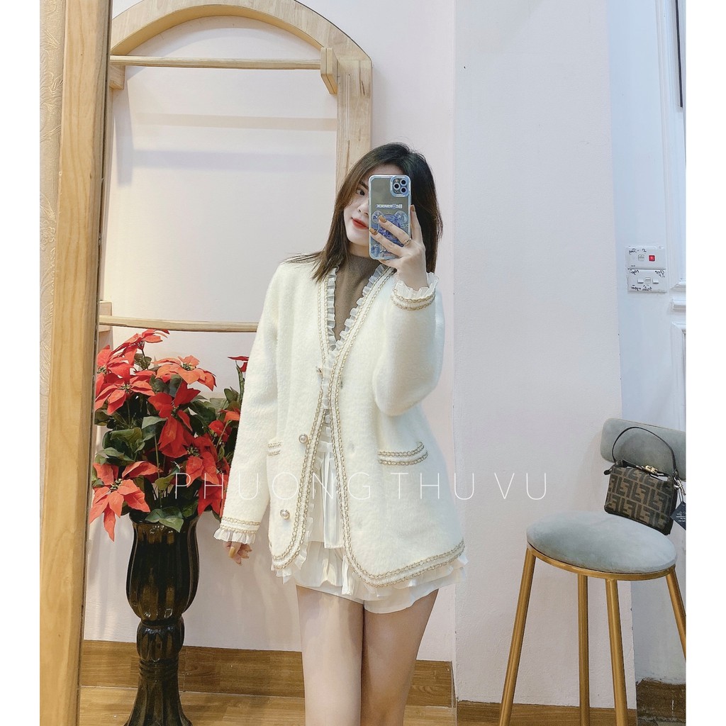 (HÀNG SẴN - ảnh thật) Áo khoác cardigan len lông mềm mịn cổ phối voan viền ánh nhũ lấp lánh Hàn Quốc cao cấp sang chảnh | BigBuy360 - bigbuy360.vn