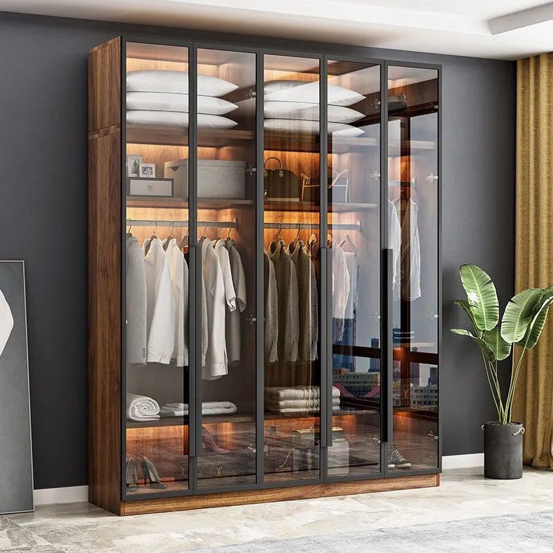 Tủ quần áo đơn giản hiện đại gỗ nguyên khối cửa kính Bắc Âu phòng ngủ đựng đồ lắp ráp lớn tổng thể <