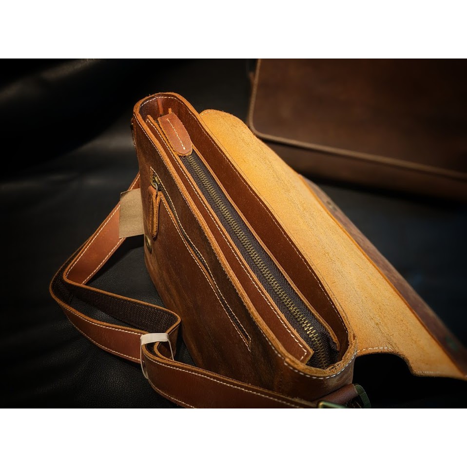 Túi Đeo Chéo Da Bò Sáp Nâu, Nâu Vàng Cao Cấp - DA THẬT 100% & BẢO HÀNH 2 NĂM