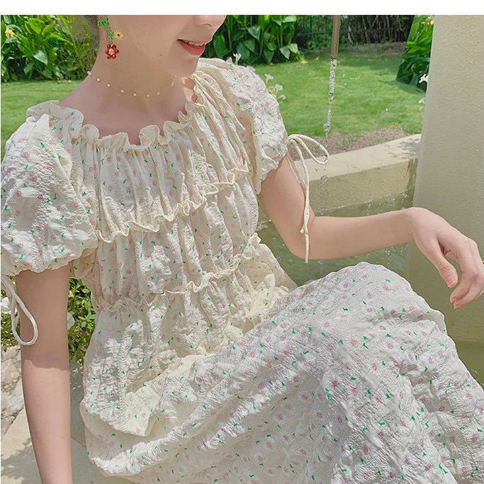 Đầm chữ A tay ngắn in hoa phong cách đáng yêu cho nữ