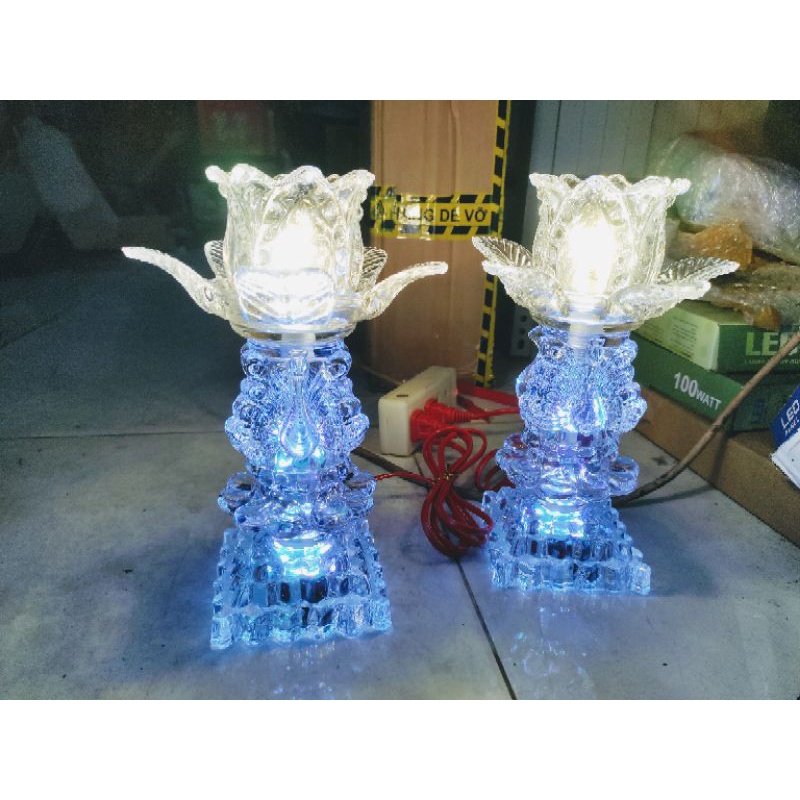 1 cặp Đèn bàn thờ pha lê led đổi màu cao 23cm,đèn thờ cao cấp