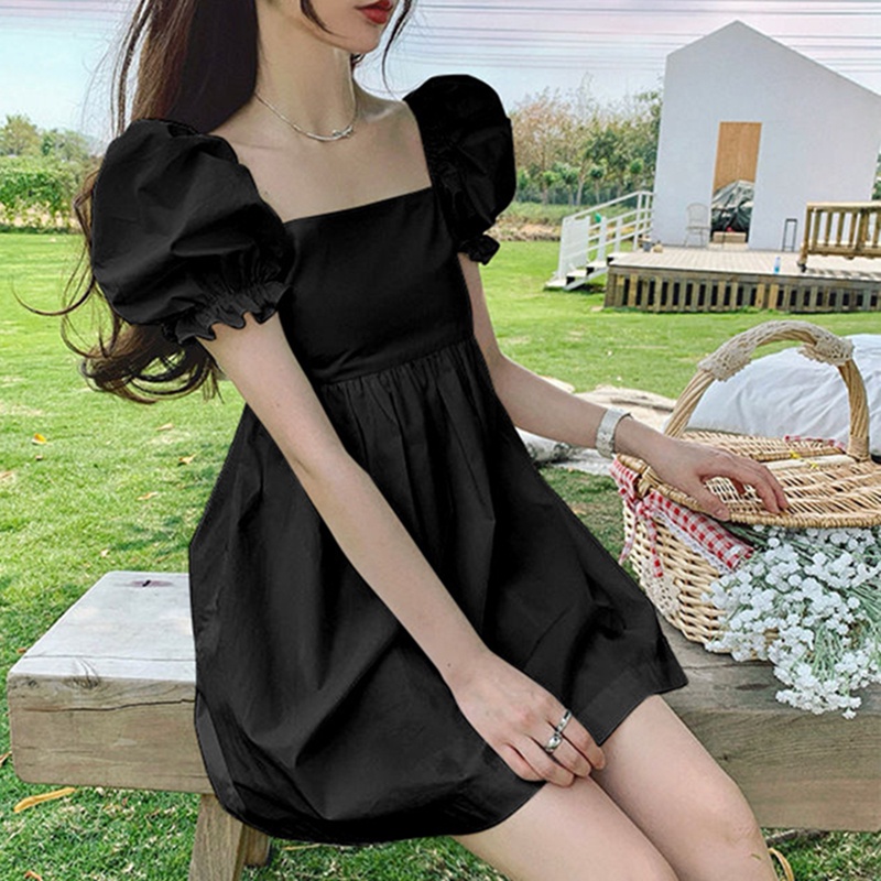 IELGY Đầm Tay Phồng Cổ Vuông Thắt Nơ Hở Lưng Thời Trang Dành Cho Nữ