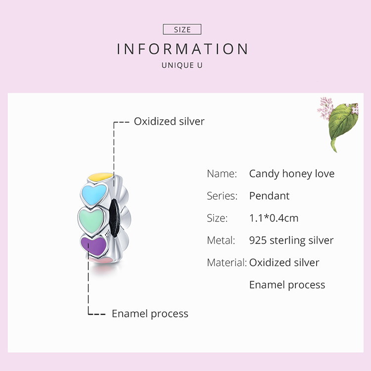 Hạt phụ kiện Bamoer SCC1838 bằng bạc 925 thật với họa tiết trái tim đầy màu sắc dành cho làm vòng tay vòng cổ