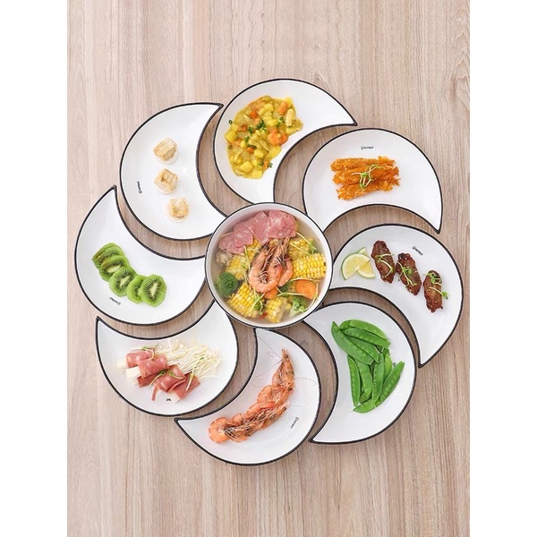 Lẻ đĩa sứ hình bán nguyệt trắng viền đen, dĩa ghép các hình đẹp mắt, phụ kiện bàn ăn 6.44