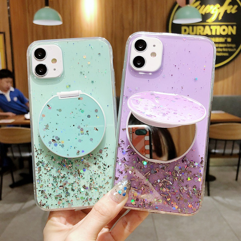 Glitter Bling Sequins Case Soft Silicone TPU Mirror Stand Holder Back Cover casing OPPO F9 F11 Pro A3S A5S Reno 3 4 5