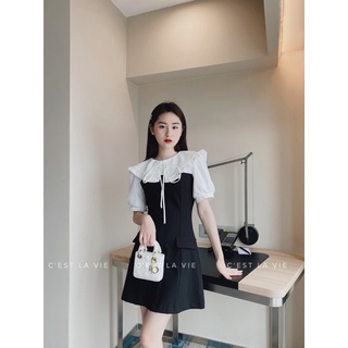 Váy đen hàn pha cổ trắng tiểu thư C'est la vie