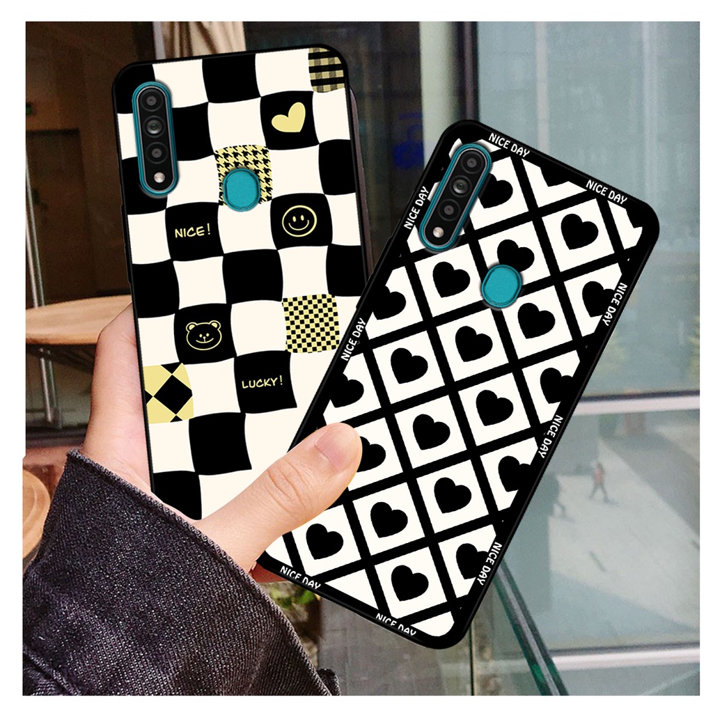 Ốp lưng Oppo A31 in hoạ tiết caro trái tim đen trắng, gấu bear cute đáng yêu