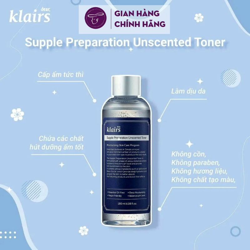 Nước hoa hồng Klairs Supple Preparation Unscented Toner không mùi, dưỡng ẩm