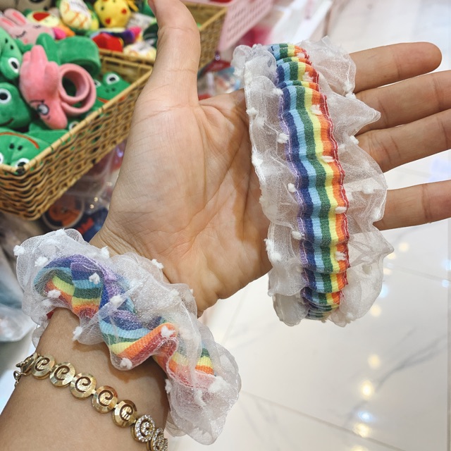 Set bờm và cột tóc cầu vồng bờm ngũ sắc bờm cầu vồng cột tóc scrunchies cầu vồng