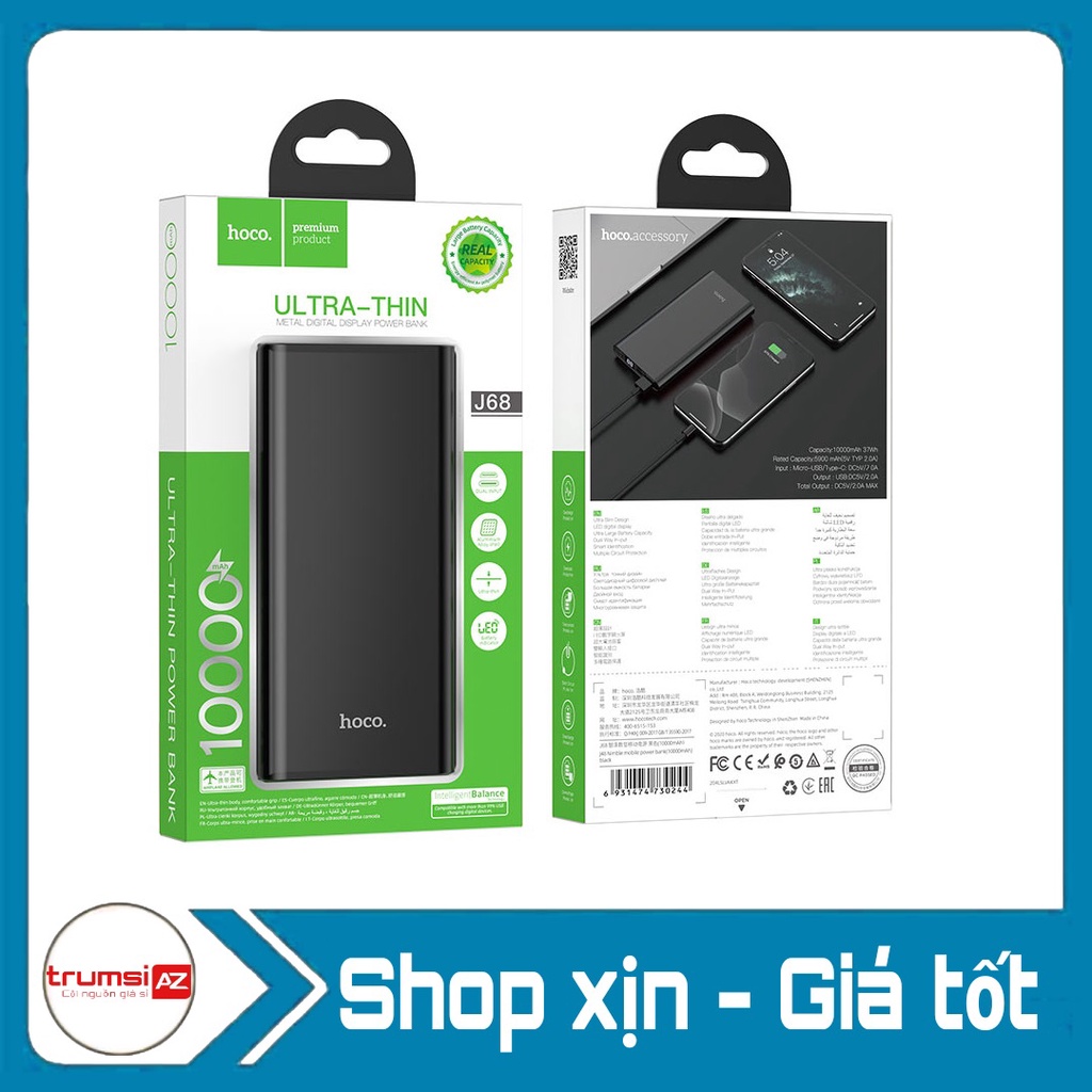 Pin Sạc Dự Phòng Hoco J68 Vỏ kim loại Màn Hình LCD Báo Pin 10000mAh – Pin Dự Phòng Kiểu Dáng Thanh Lịch Nhỏ Gọn