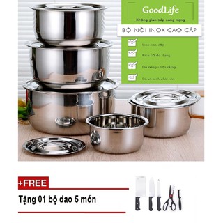 Bộ 5 nồi inox cao cấp goodlife 2018 tặng bộ dao 5 món