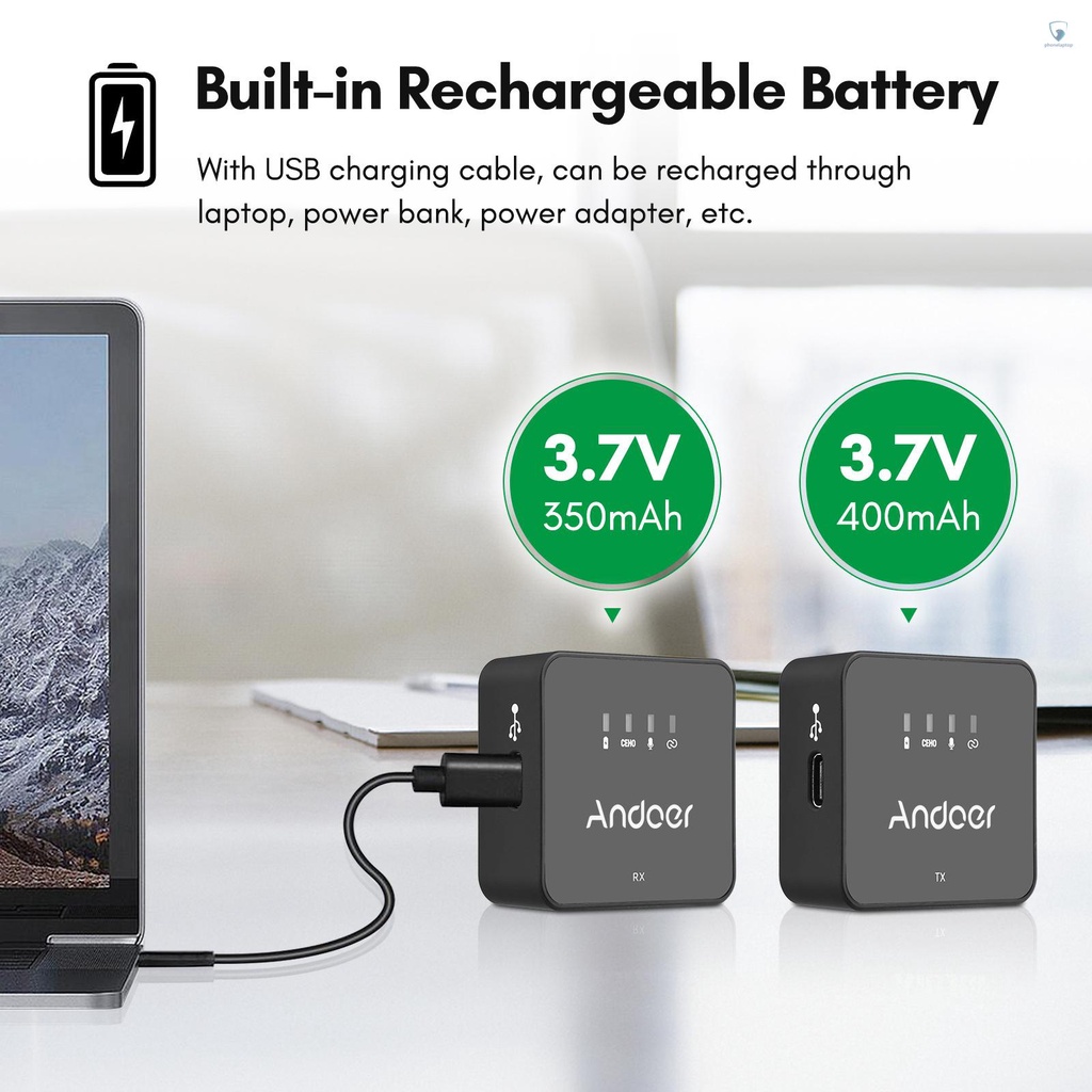 Micro Không Dây Andoer One-Trigger-Two 2.4G (2 Bộ Phát + 1 Đầu Nhận) Max.30M Hiệu Quả Cao Kèm Cáp Âm Thanh TRS &amp; TRRS