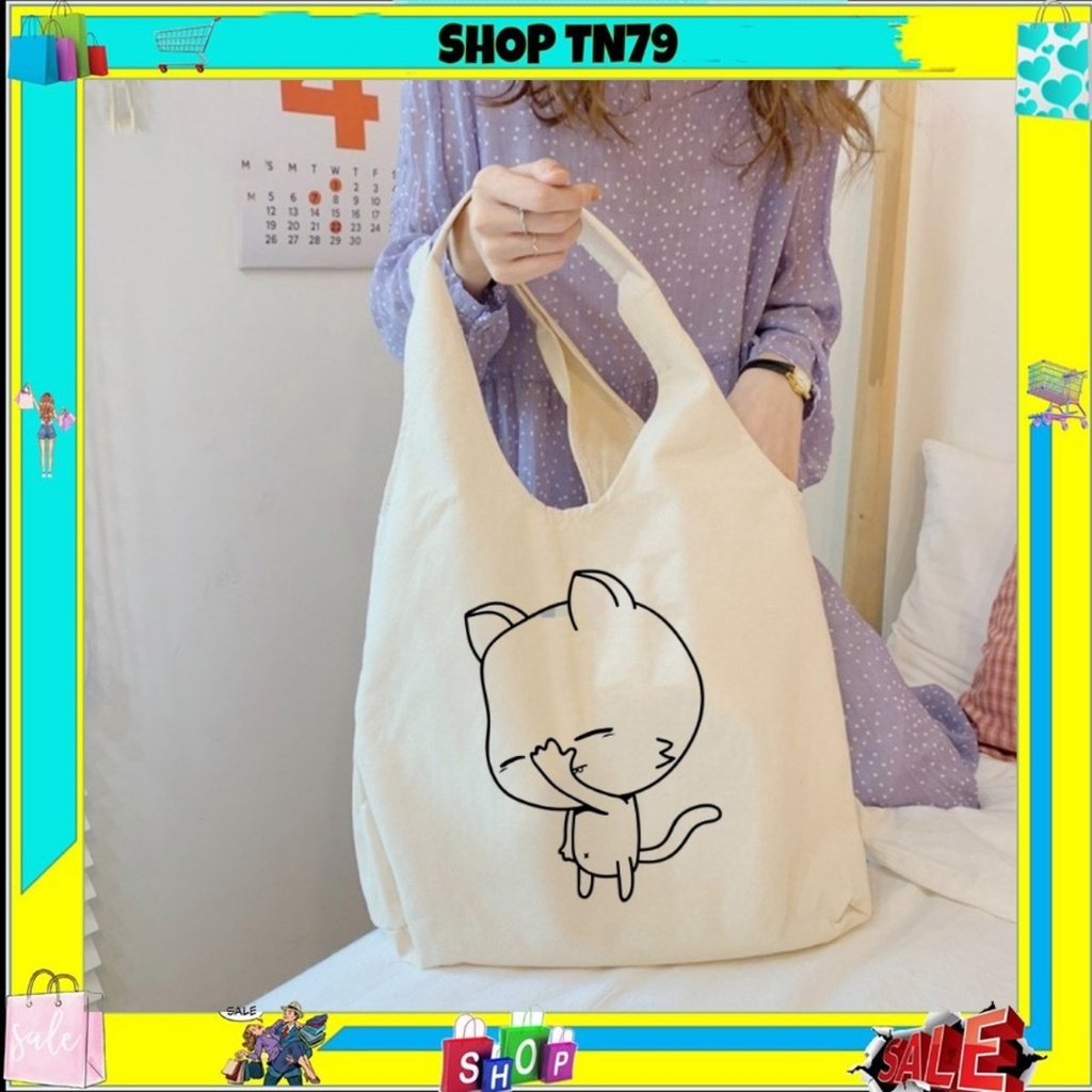 Túi tote vải đeo chéo canvas size to giá rẻ phong cách Hàn Quốc đi học đi chơi đều đẹp MÈO -T03