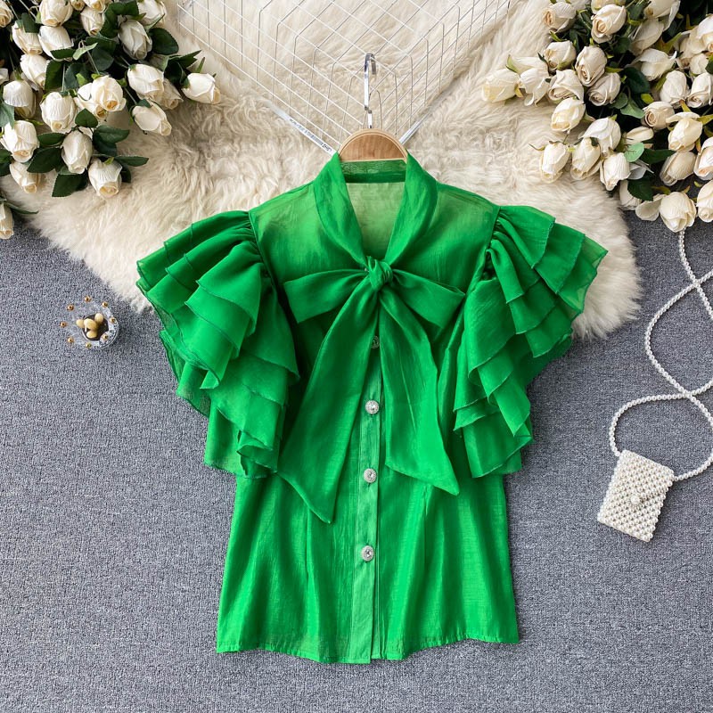 Áo sơ mi cổ nơ tay bèo tầng ulzzang   200421