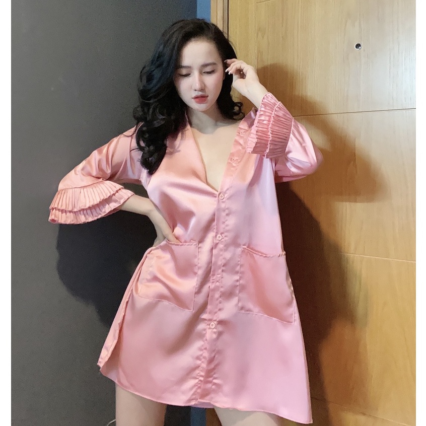 Đồ ngủ sexy / Đầm sơmi siêu gợi cảm - tay có phối dập ly, chất liệu SATIN cao cấp loại 1 mềm mịn mát, freesize dưới 65kg | BigBuy360 - bigbuy360.vn