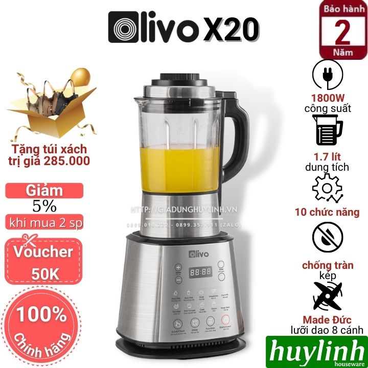 [Mã ELHAMS5 giảm 6% đơn 300K] Máy làm sữa hạt đa năng Olivo X20 - 1.75 lít - 1800W - Tặng Voucher