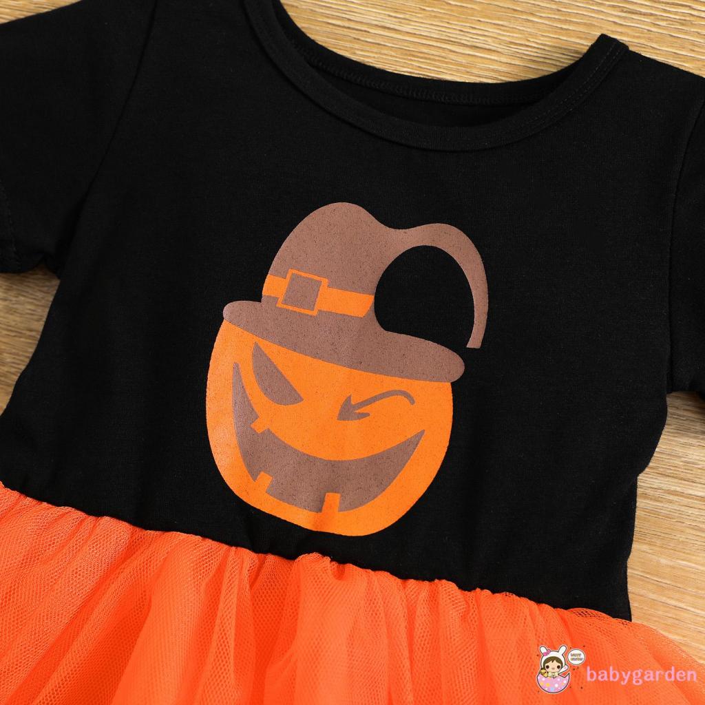 Đầm Tutu Phối Lưới Tay Ngắn In Họa Tiết Bí Ngô Phong Cách Halloween Cho Bé Gái 0-24 Tháng Tuổi