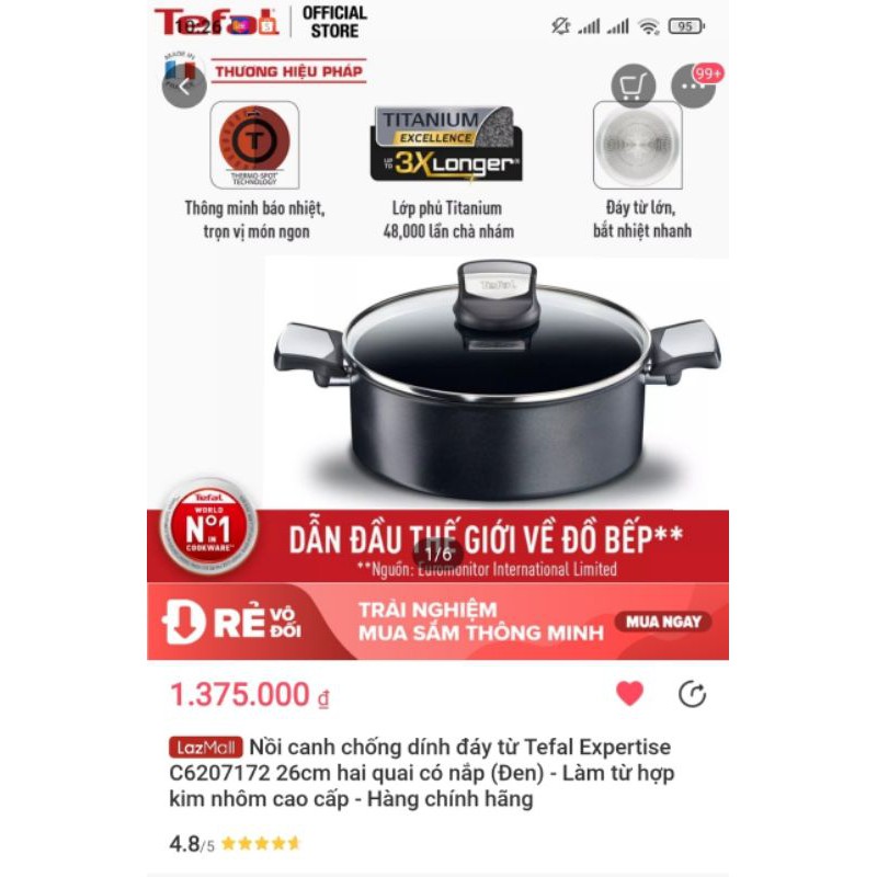 Nồi chống dính đáy từ Tefal Expertise C6207172 26cm