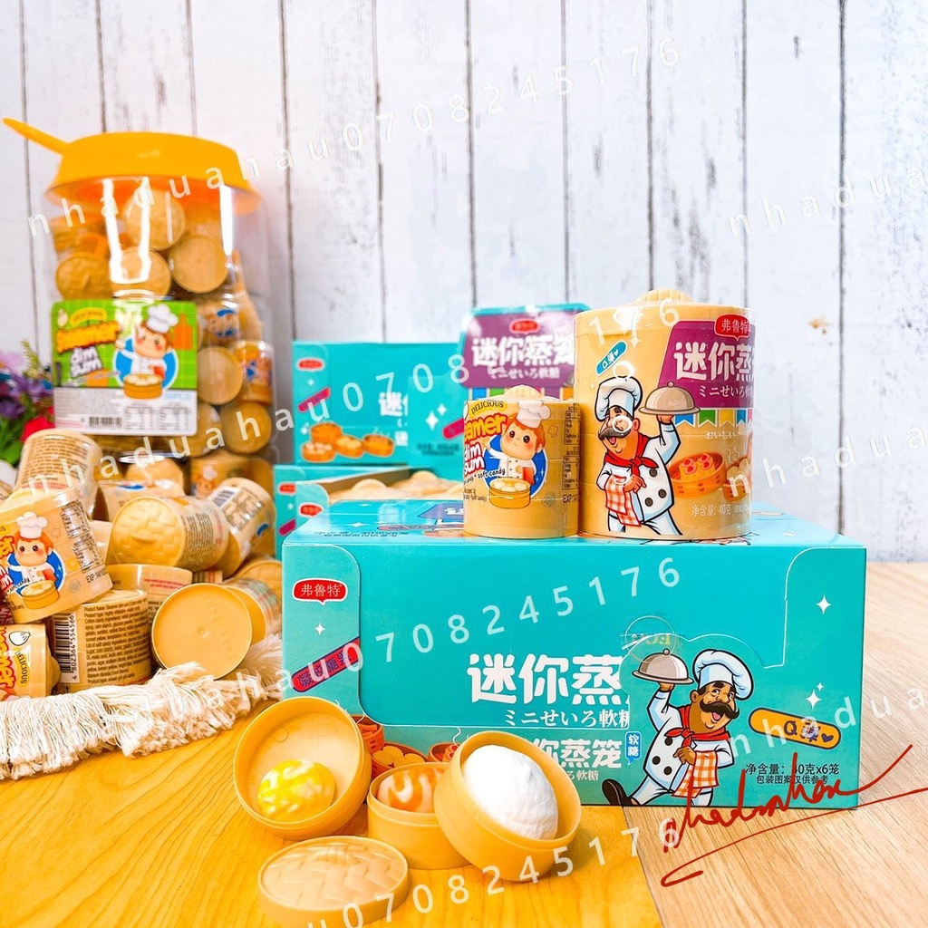 Một lốc gồm 6 cái kẹo dẻo đồ chơi hình xửng hấp bánh bao dimsum 4 tầng Đầu Bếp Hongkong cái 40gam