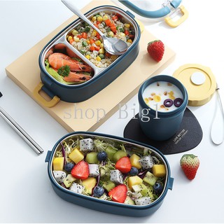 【Cốc +Thìa đũa 】Hộp Cơm Chia Ngăn Cách Nhiệt 2 Tầng Inox